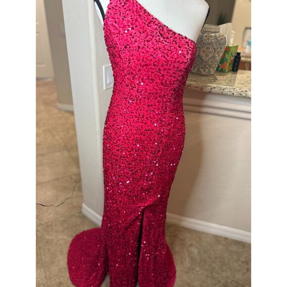 Lavetir One-Shoulder Split Side Long Sequin Dress Pink Size Medium 4-8 - Picture 10 of 14